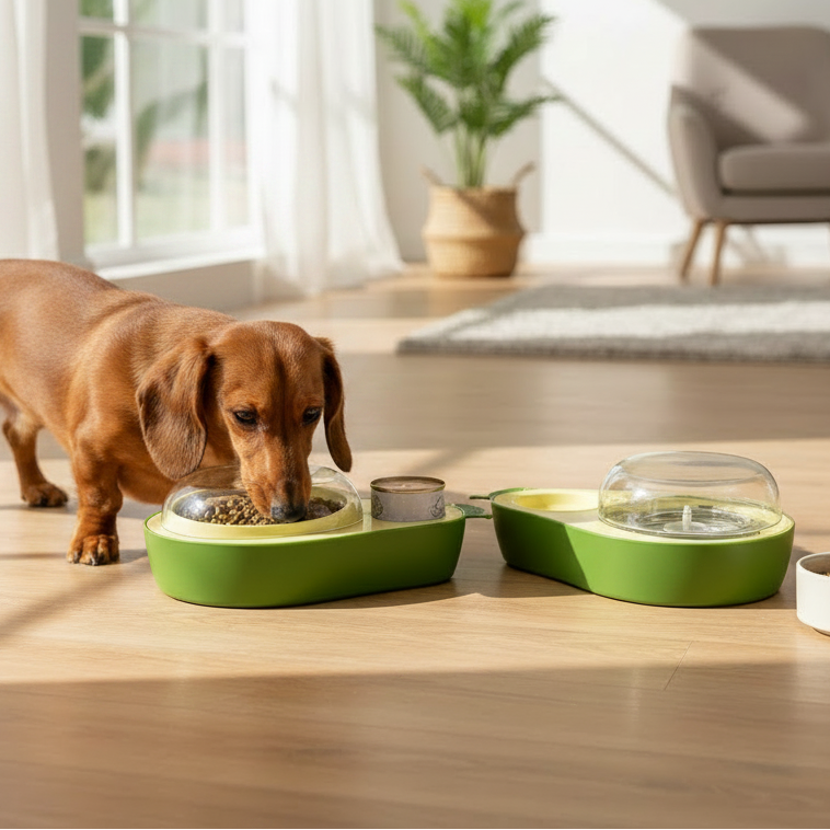 Avocado Pet Dining Set with Small Dog